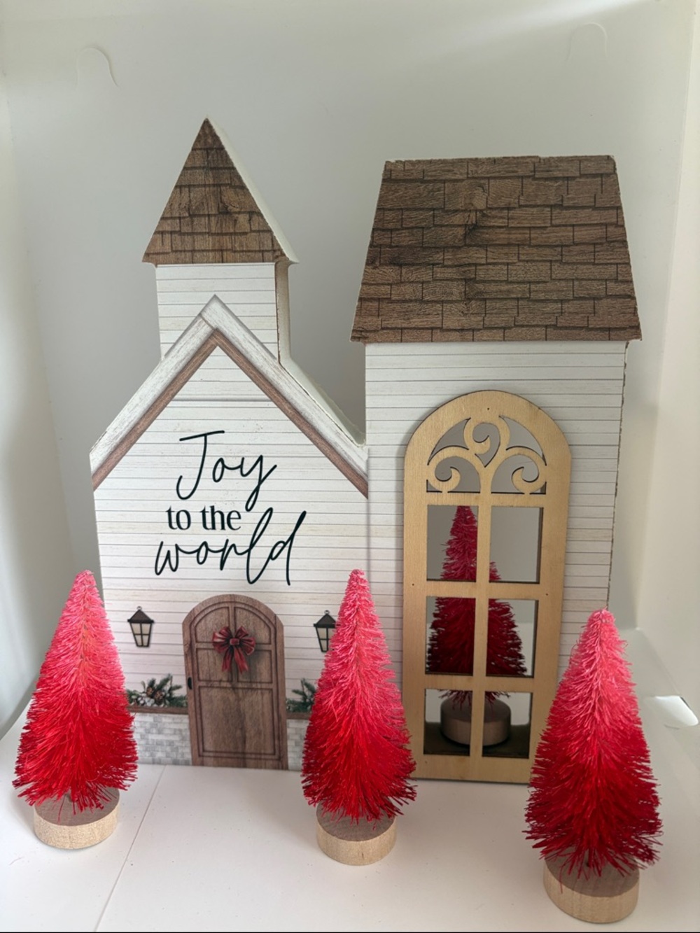 Wooden tabletop Christmas church “joy to the World” red bottle brush tree set